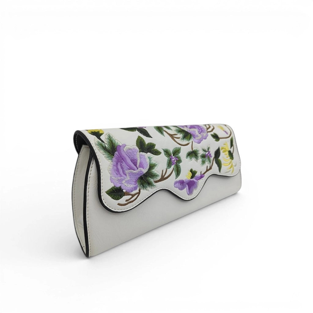 Peony Floral Embroidered PU Leather Clutch Crossbody Bag