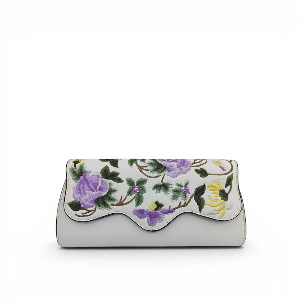 Peony Floral Embroidered PU Leather Clutch Crossbody Bag