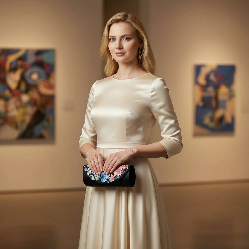 Black Mulberry Silk Su Embroidery Floral Evening Clutch