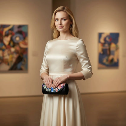 Black Mulberry Silk Su Embroidery Floral Evening Clutch