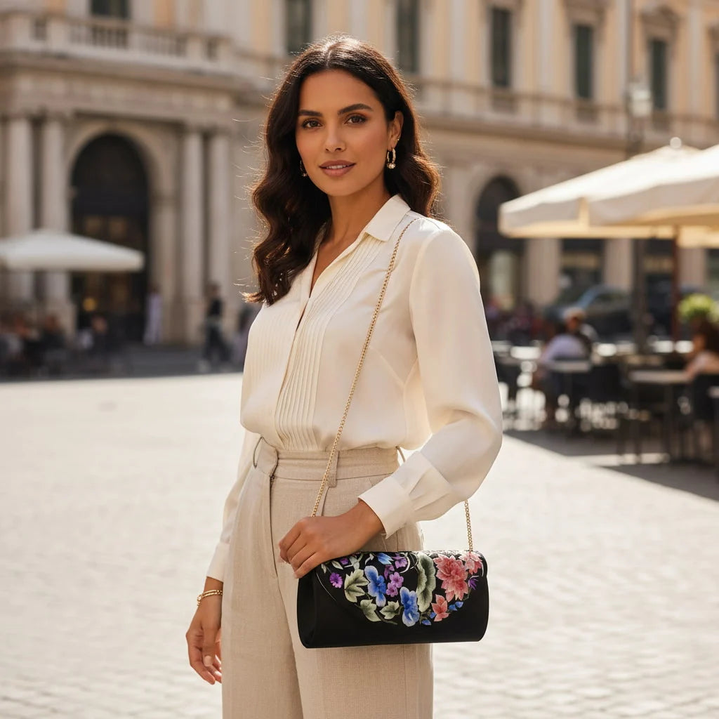 Black Mulberry Silk Su Embroidery Floral Evening Clutch
