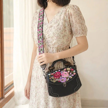 Boho Vintage Floral Embroidered PU Leather Saddle Crossbody Bag with Top Handle
