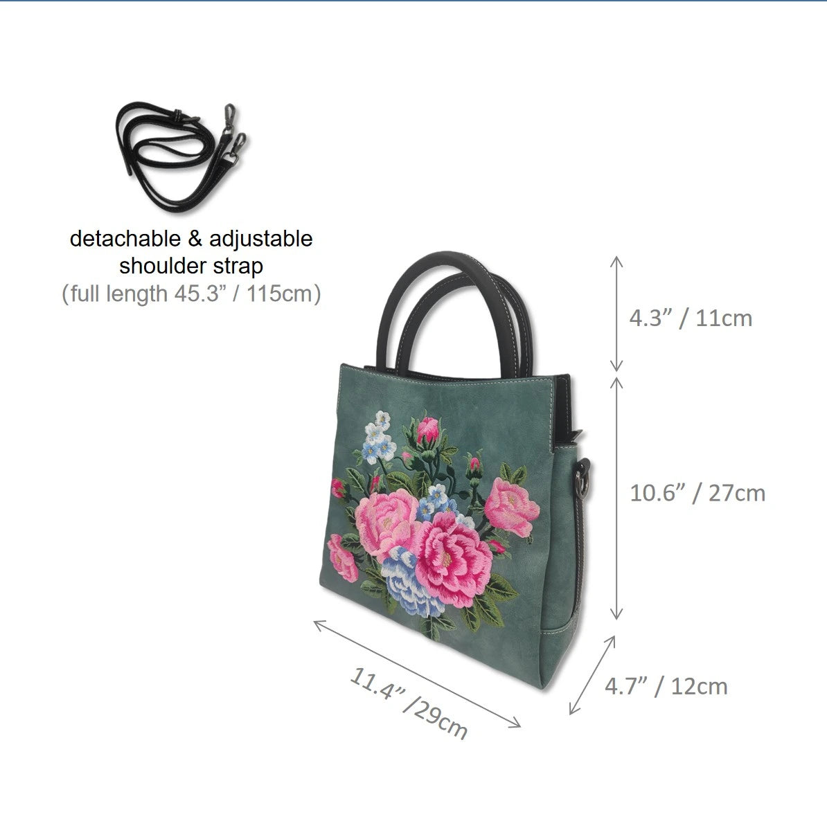 Vintage Peony Flower Embroidered PU Leather Tote Bag