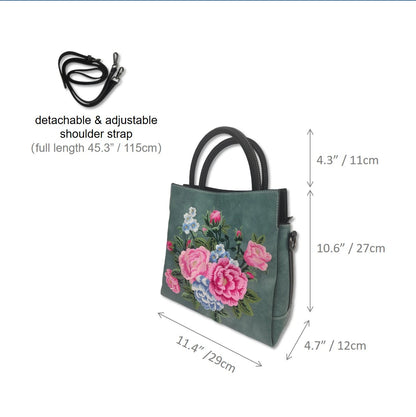 Vintage Peony Flower Embroidered PU Leather Tote Bag