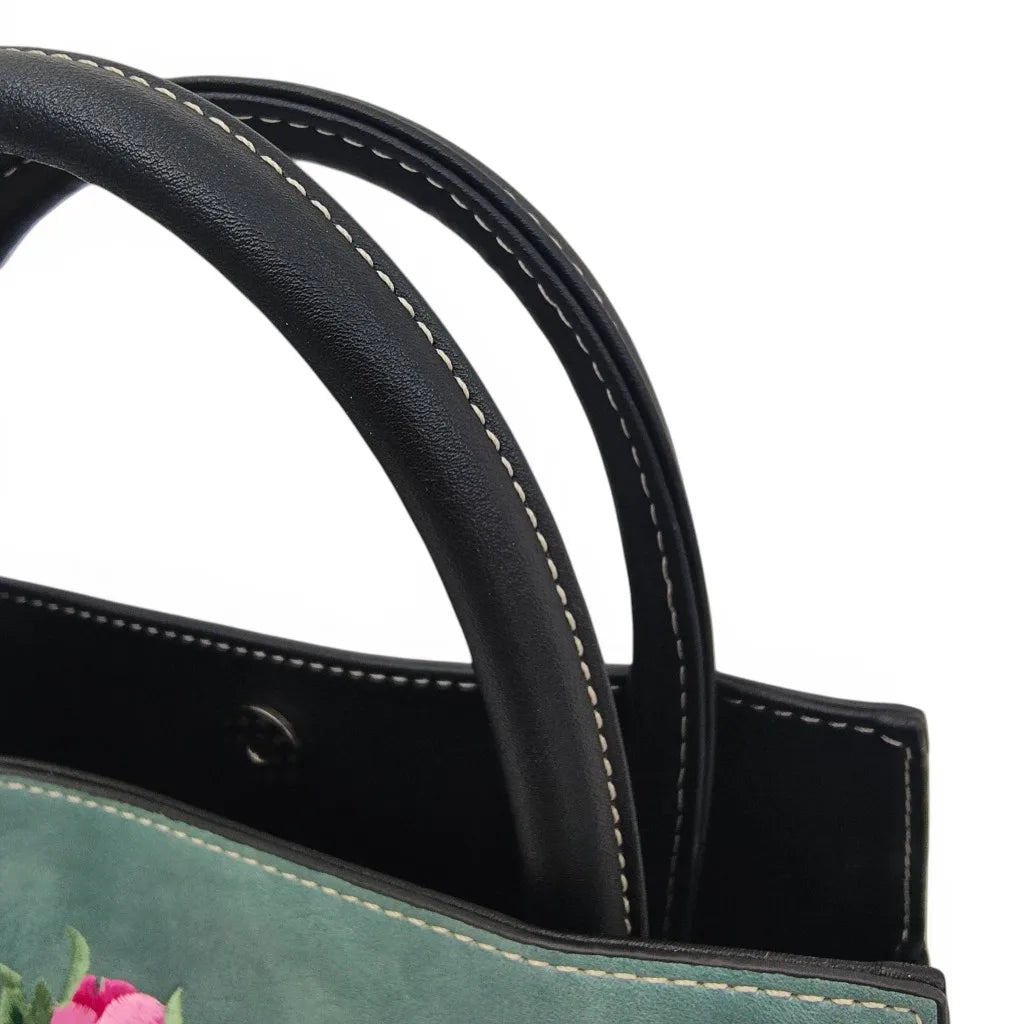 Vintage Peony Flower Embroidered PU Leather Tote Bag