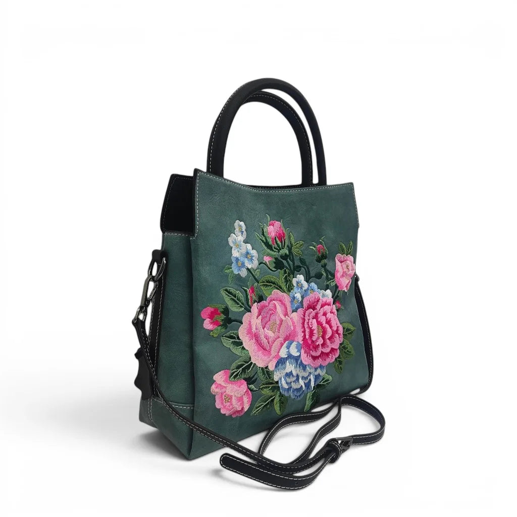 Vintage Peony Flower Embroidered PU Leather Tote Bag
