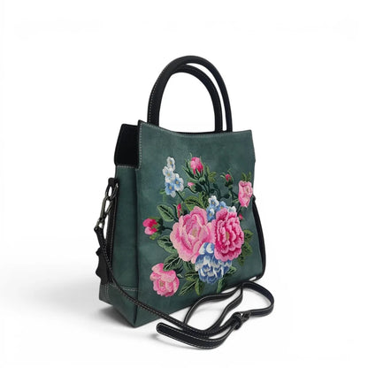 Vintage Peony Flower Embroidered PU Leather Tote Bag