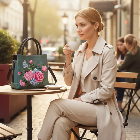 Vintage Peony Flower Embroidered PU Leather Tote Bag