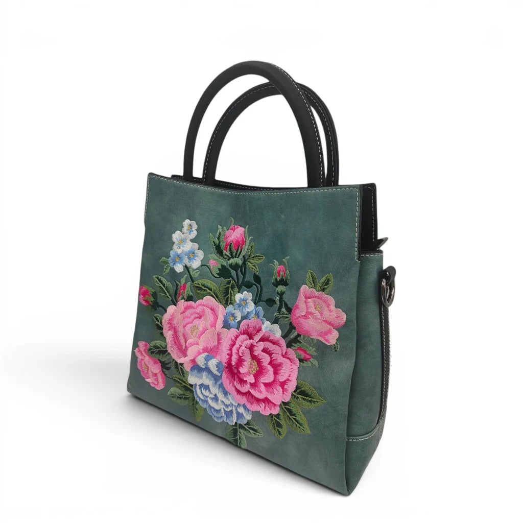 Vintage Peony Flower Embroidered PU Leather Tote Bag