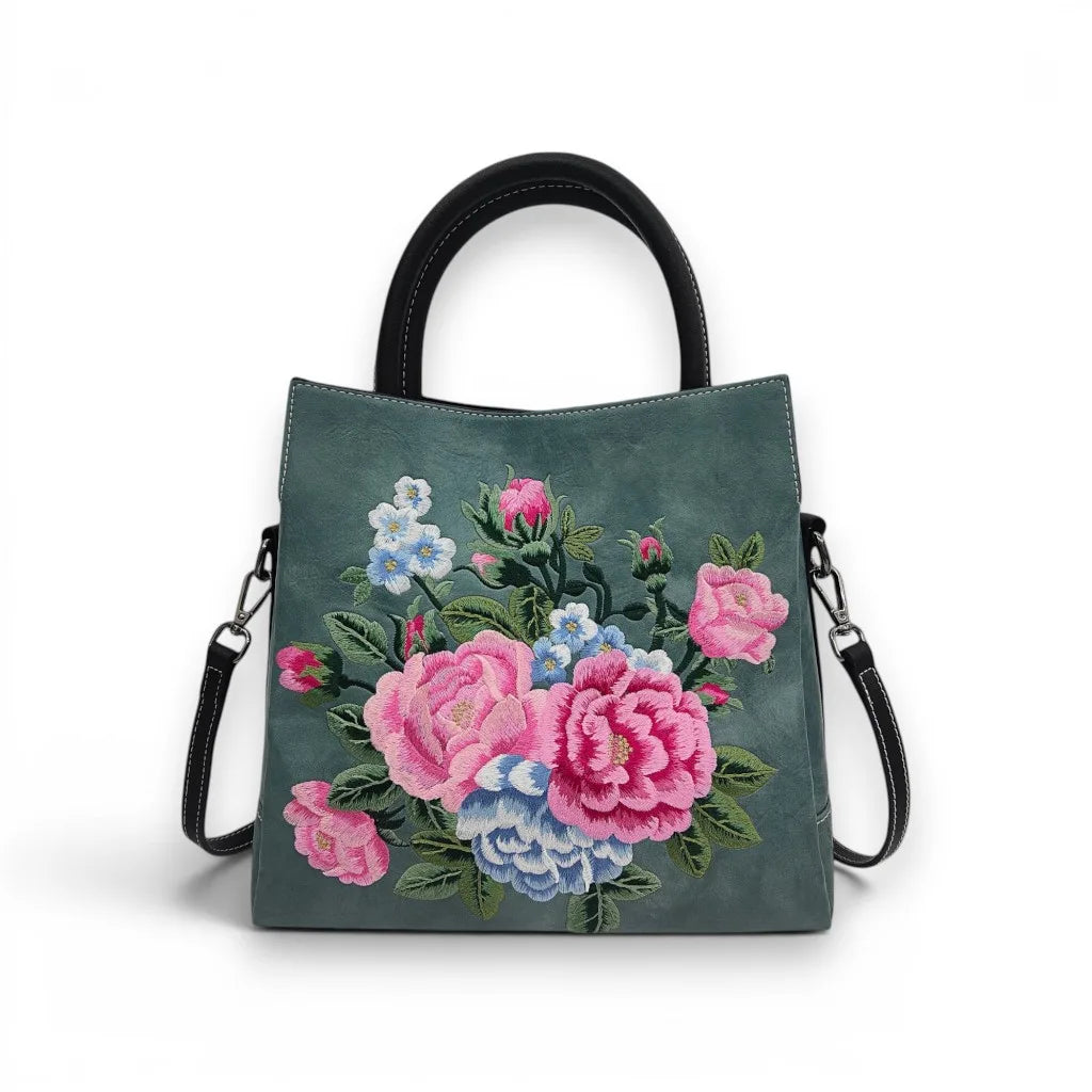 Vintage Peony Flower Embroidered PU Leather Tote Bag
