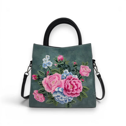 Vintage Peony Flower Embroidered PU Leather Tote Bag