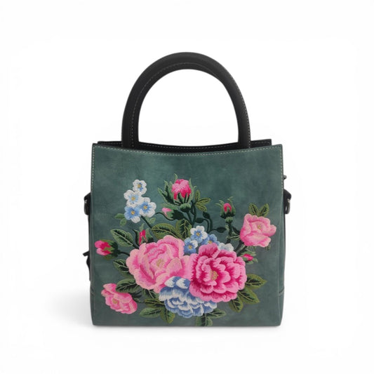 Designer Handbag | Peony & Mixed Floral Embroidered PU Leather Tote Bag