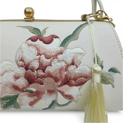 White Vintage Embroidered Peony Frame Clutch Bag with Tassel