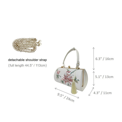 White Vintage Embroidered Peony Frame Clutch Bag with Tassel
