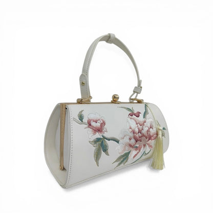 White Vintage Embroidered Peony Frame Clutch Bag with Tassel