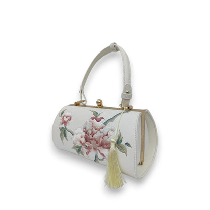 White Vintage Embroidered Peony Frame Clutch Bag with Tassel
