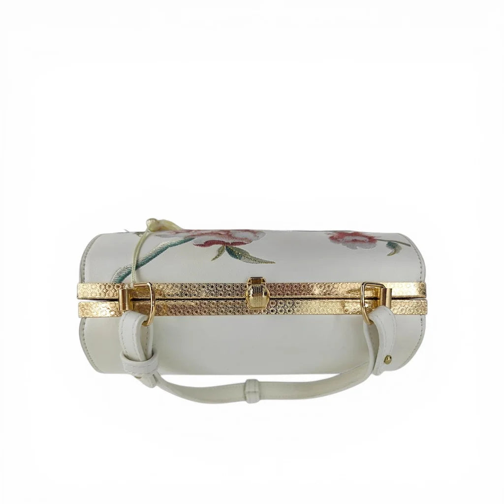 White Vintage Embroidered Peony Frame Clutch Bag with Tassel