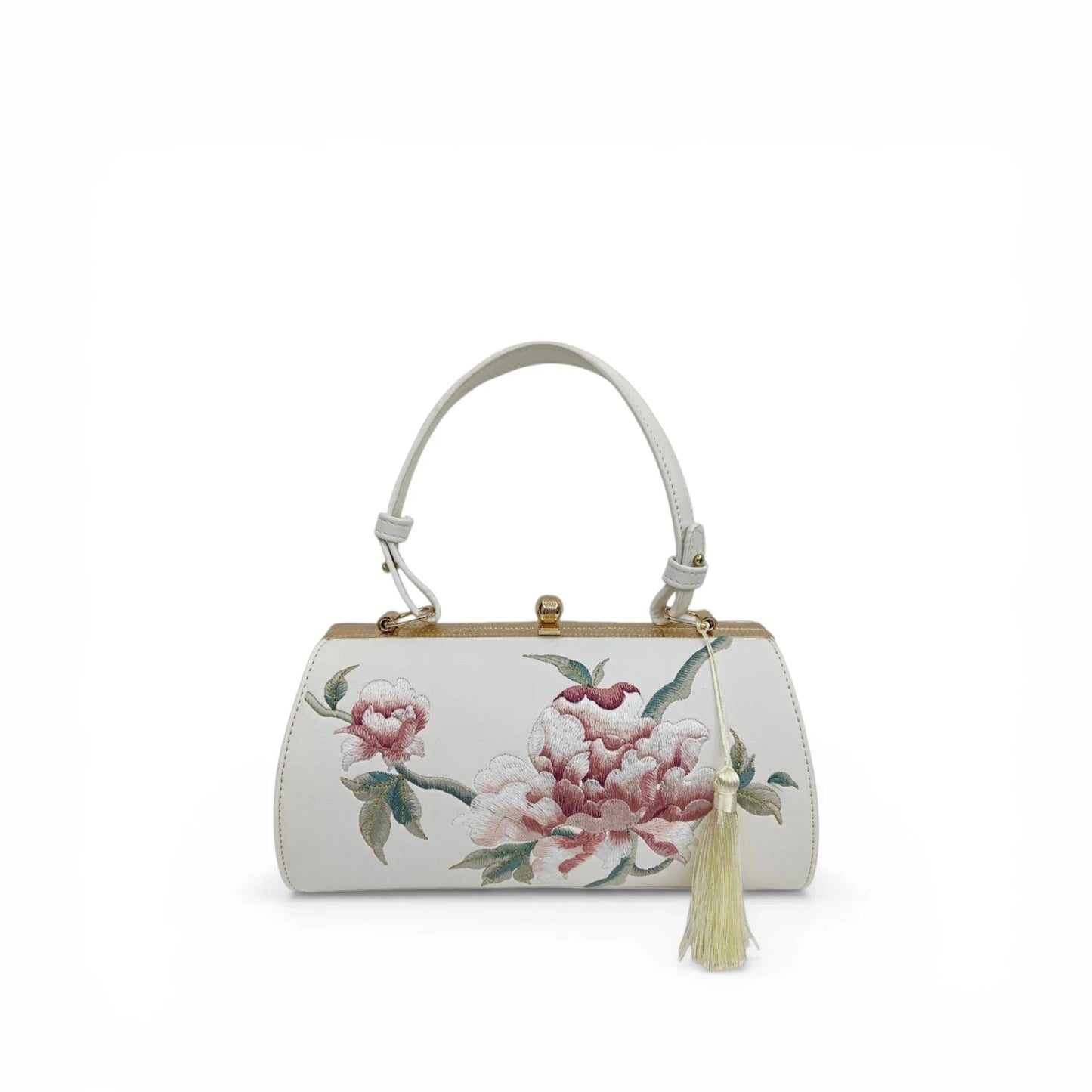 White Vintage Embroidered Peony Frame Clutch Bag with Tassel