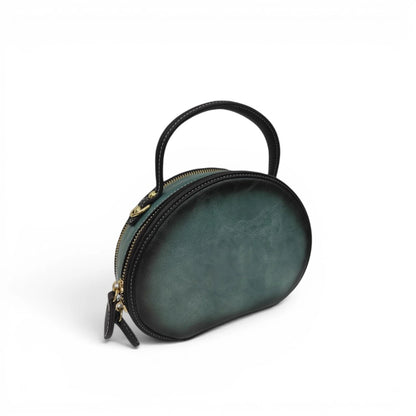 Mini Peony Embroidered Round Bag | Green PU Leather Crossbody with Detachable Strap
