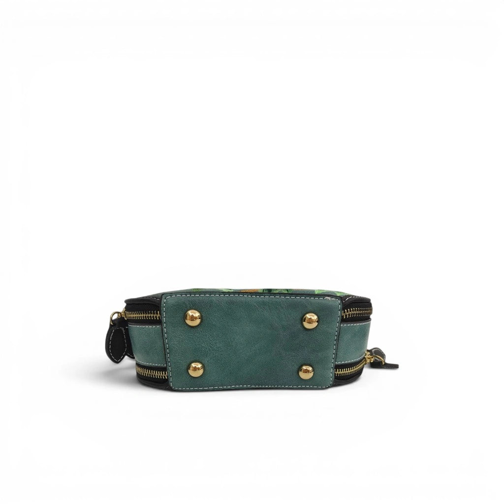 Mini Peony Embroidered Round Bag | Green PU Leather Crossbody with Detachable Strap