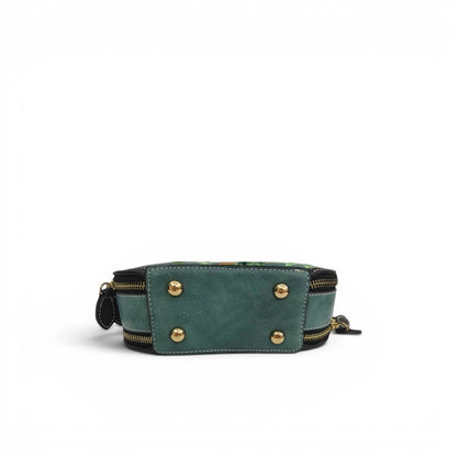 Mini Peony Embroidered Round Bag | Green PU Leather Crossbody with Detachable Strap