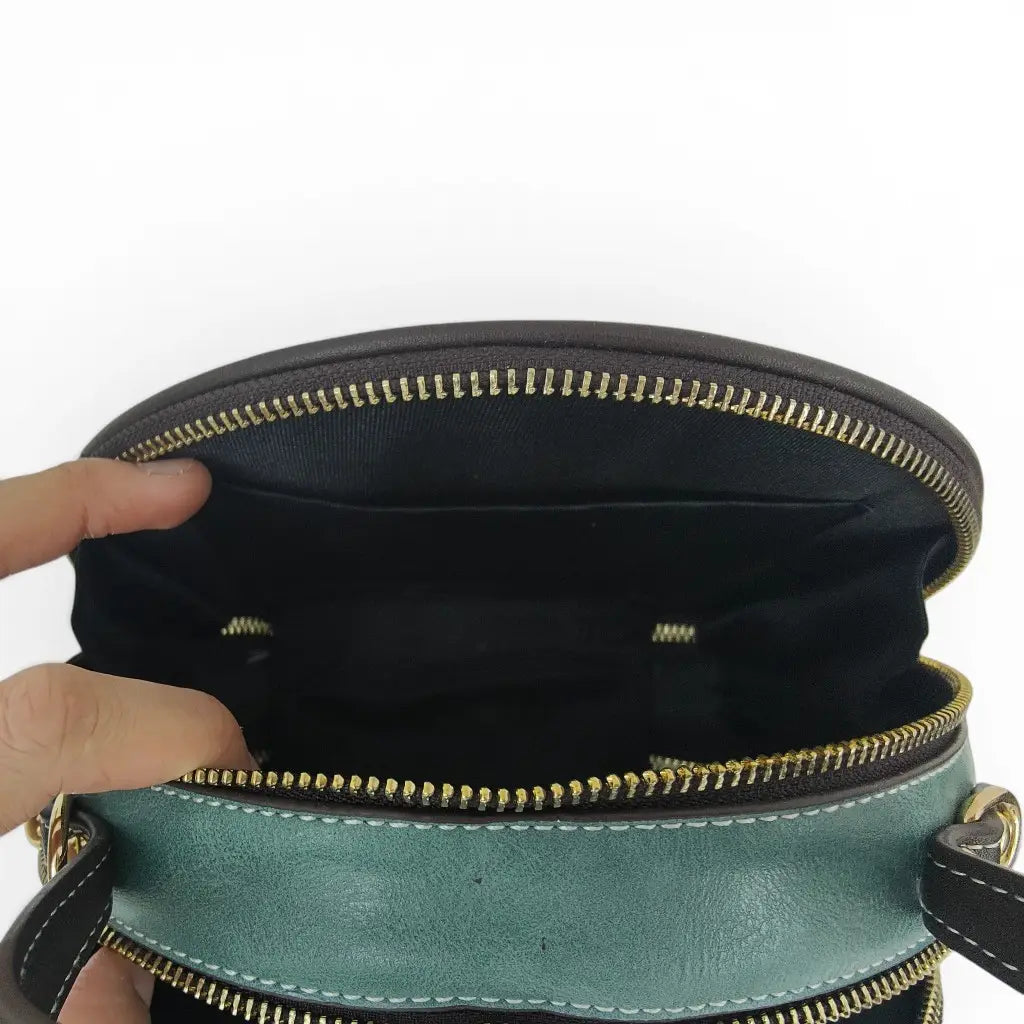 Mini Peony Embroidered Round Bag | Green PU Leather Crossbody with Detachable Strap