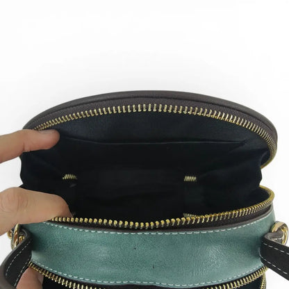 Mini Peony Embroidered Round Bag | Green PU Leather Crossbody with Detachable Strap