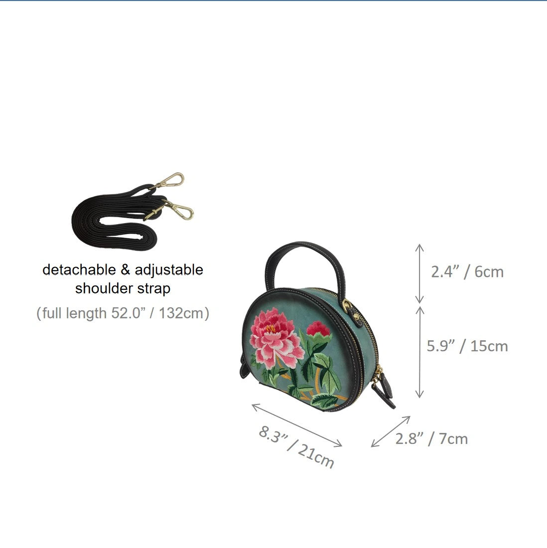 Mini Peony Embroidered Round Bag | Green PU Leather Crossbody with Detachable Strap