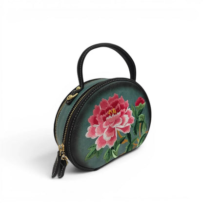 Mini Peony Embroidered Round Bag | Green PU Leather Crossbody with Detachable Strap