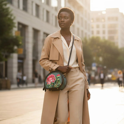 Mini Peony Embroidered Round Bag | Green PU Leather Crossbody with Detachable Strap