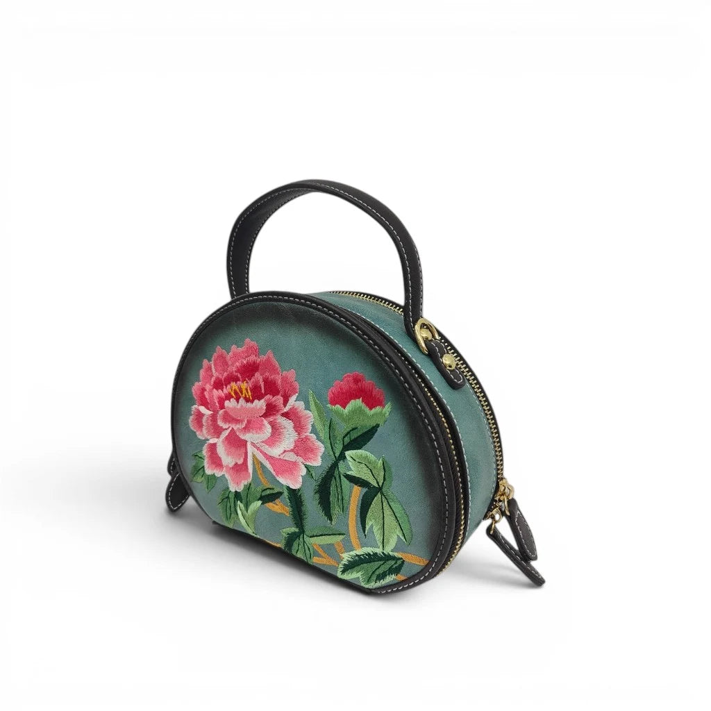 Mini Peony Embroidered Round Bag | Green PU Leather Crossbody with Detachable Strap