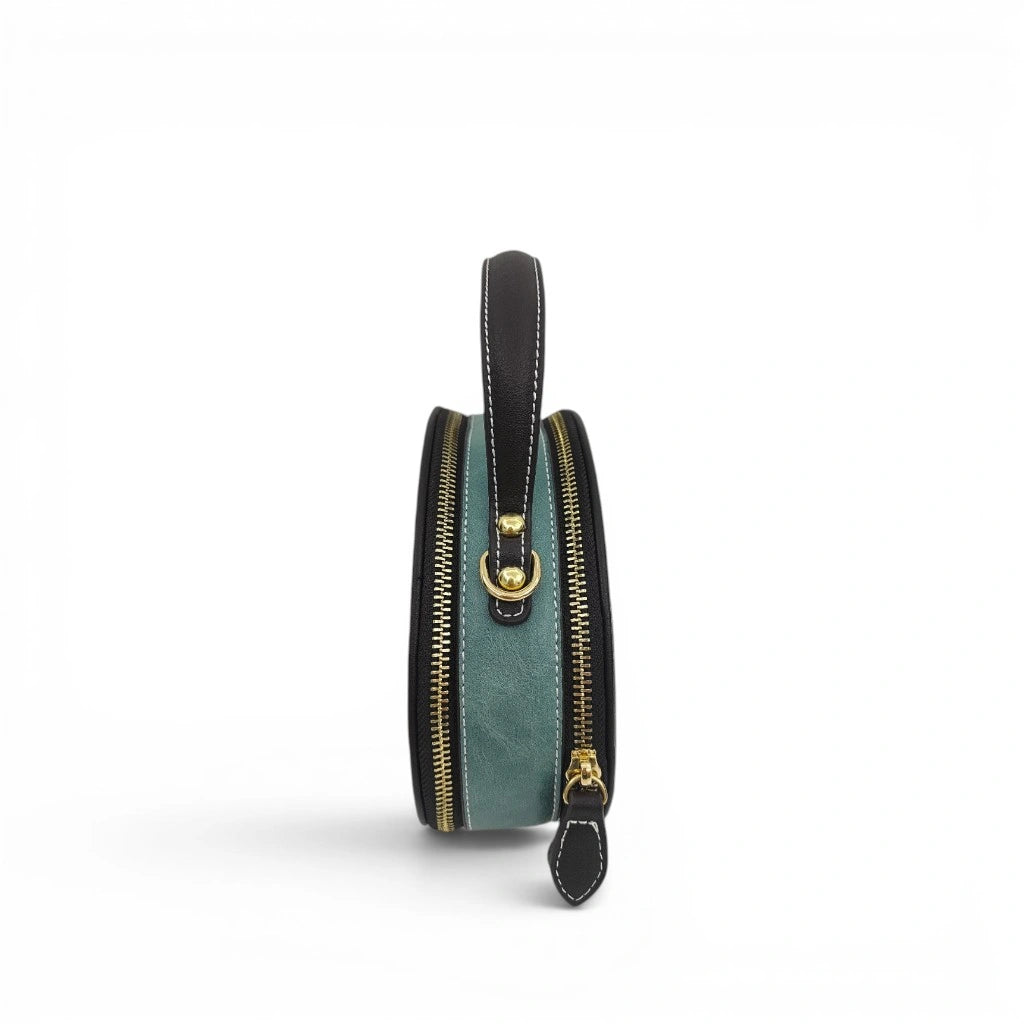 Mini Peony Embroidered Round Bag | Green PU Leather Crossbody with Detachable Strap