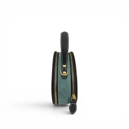 Mini Peony Embroidered Round Bag | Green PU Leather Crossbody with Detachable Strap