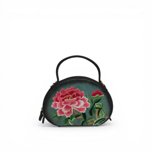 Mini Designer Floral Handbag | Oriental Peony Embroidered Round Bag (Green PU Leather, Detachable Strap)
