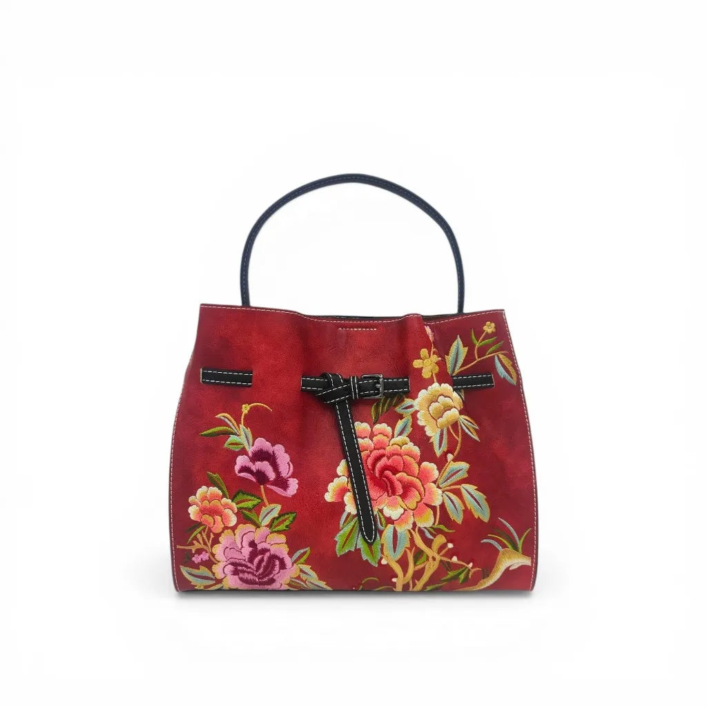 vintage red peony women embroidered tote bag PU leather