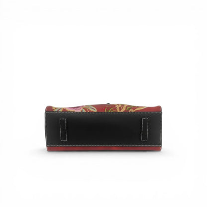 Vintage Floral Embroidered Tote Bag | Red Peony PU Leather