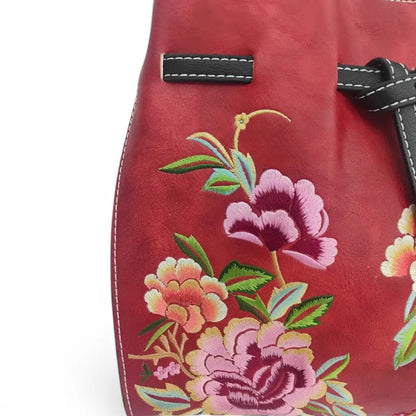 Vintage Floral Embroidered Tote Bag | Red Peony PU Leather