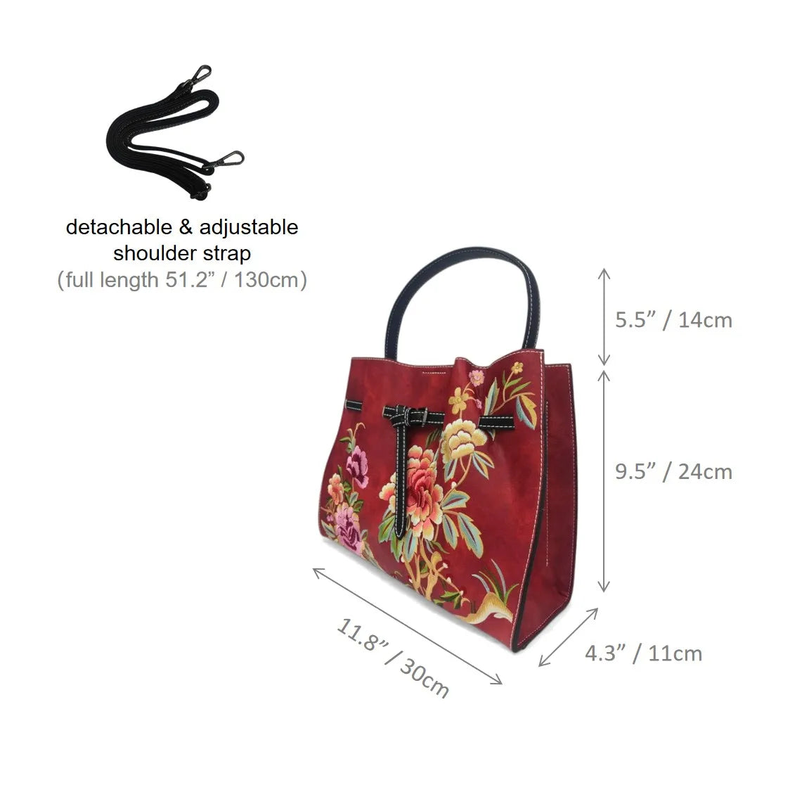 Vintage Floral Embroidered Tote Bag | Red Peony PU Leather