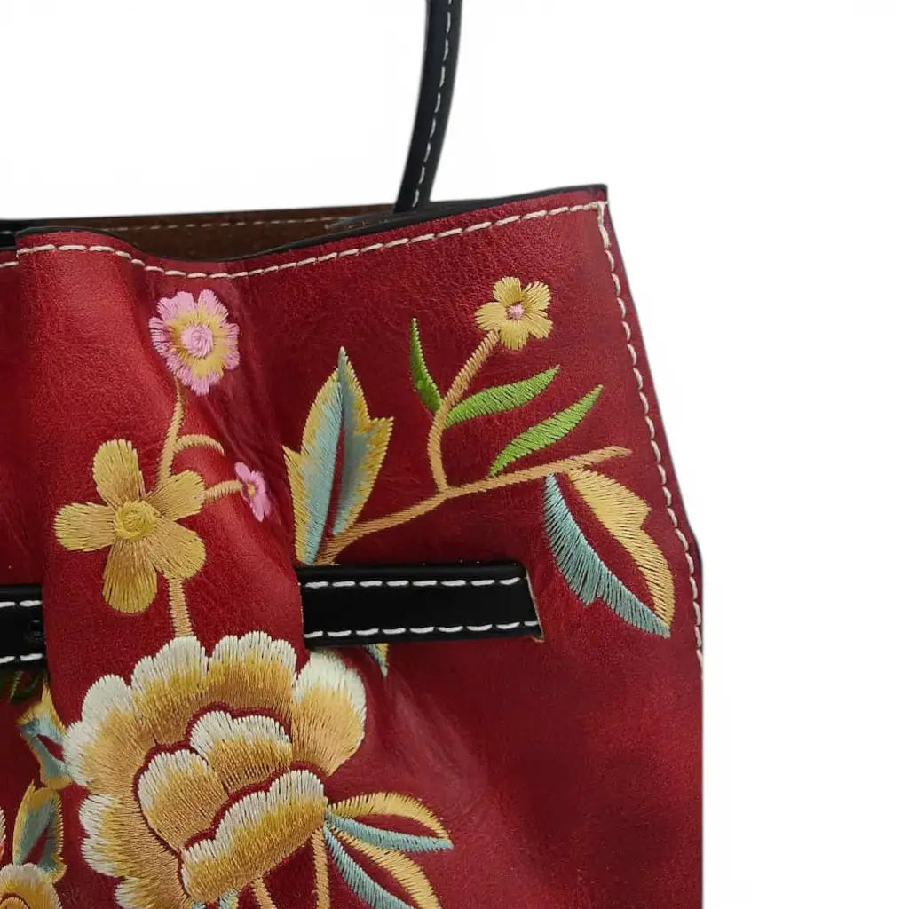 Vintage Floral Embroidered Tote Bag | Red Peony PU Leather