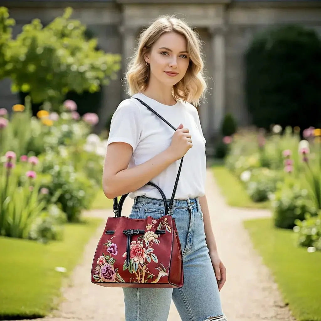 Vintage Floral Embroidered Tote Bag | Red Peony PU Leather
