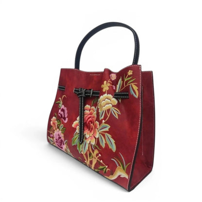 Vintage Floral Embroidered Tote Bag | Red Peony PU Leather