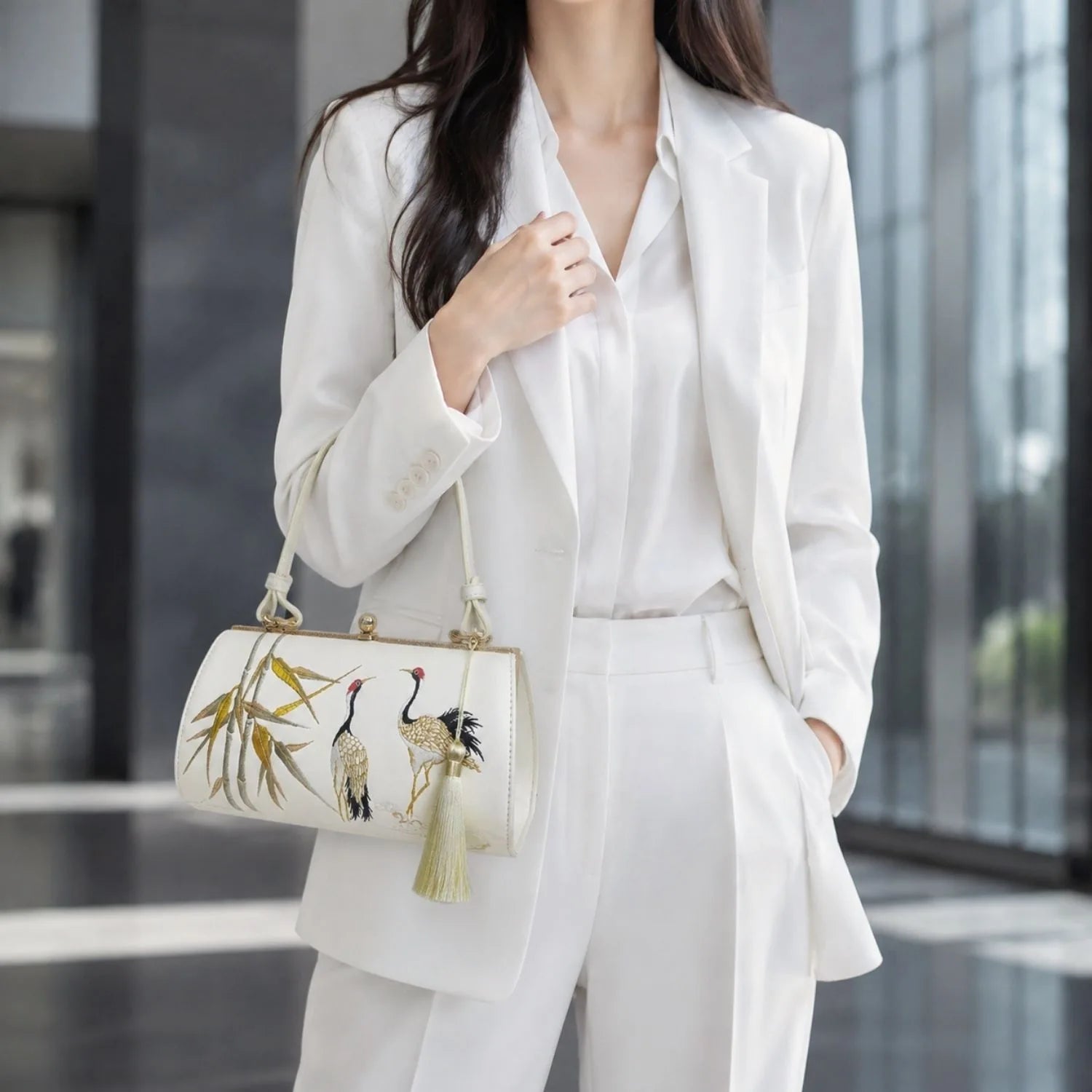 White bamboo crane embroidered handbag for women daily commute, elegant oriental workwear shoulder bag