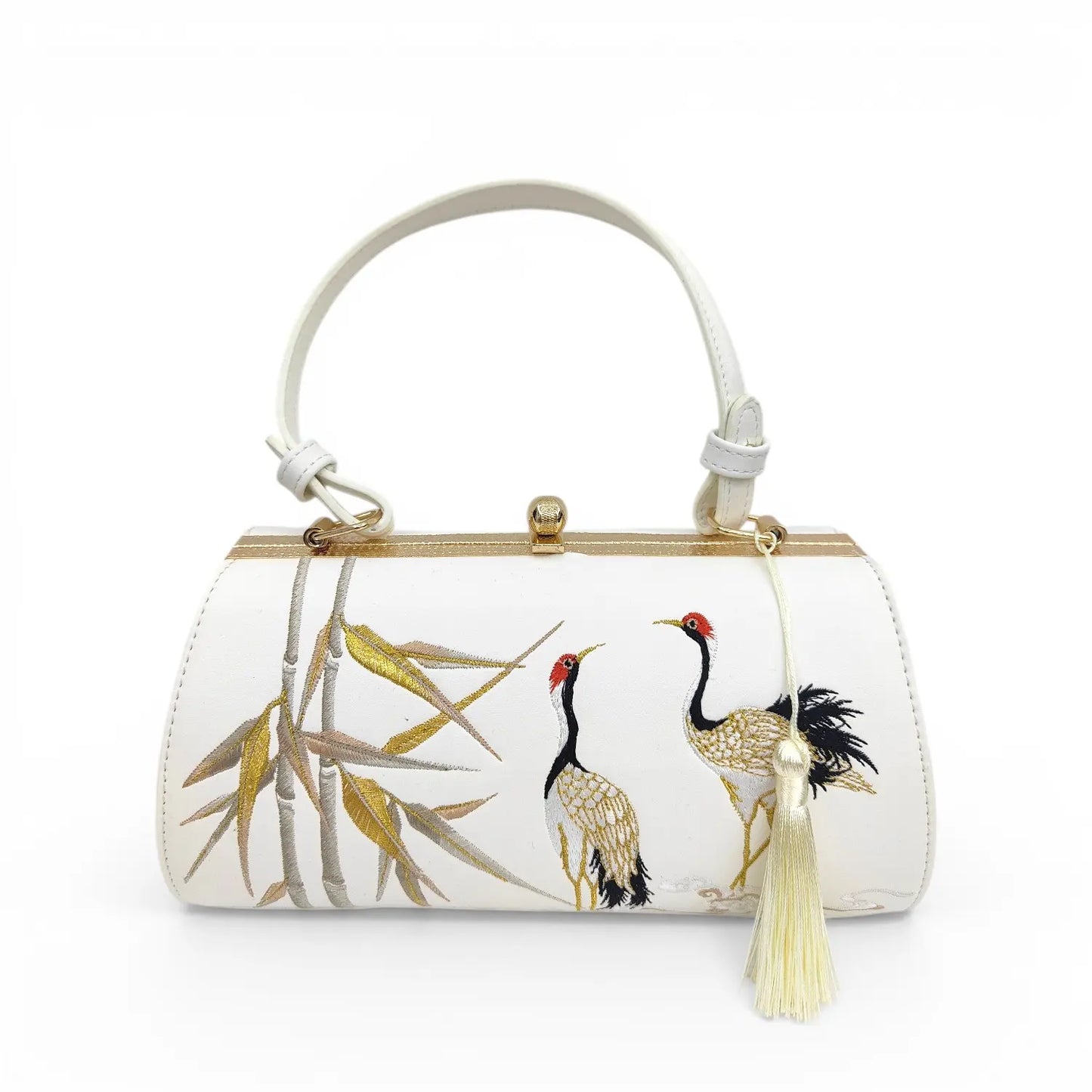 White Red‑Crowned Crane & Bamboo Embroidered Crossbody Clutch Bag with Tassel