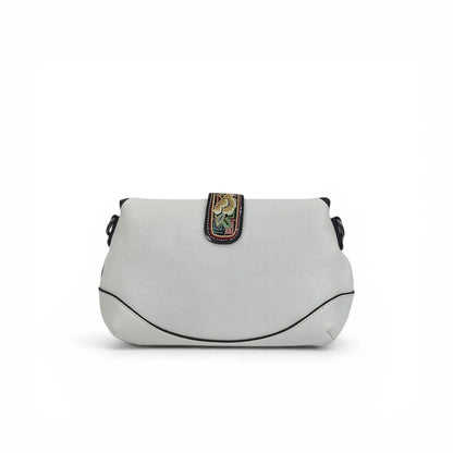 White Floral Embroidered Saddle Crossbody Bag | Chinese Key Pattern PU Leather Purse
