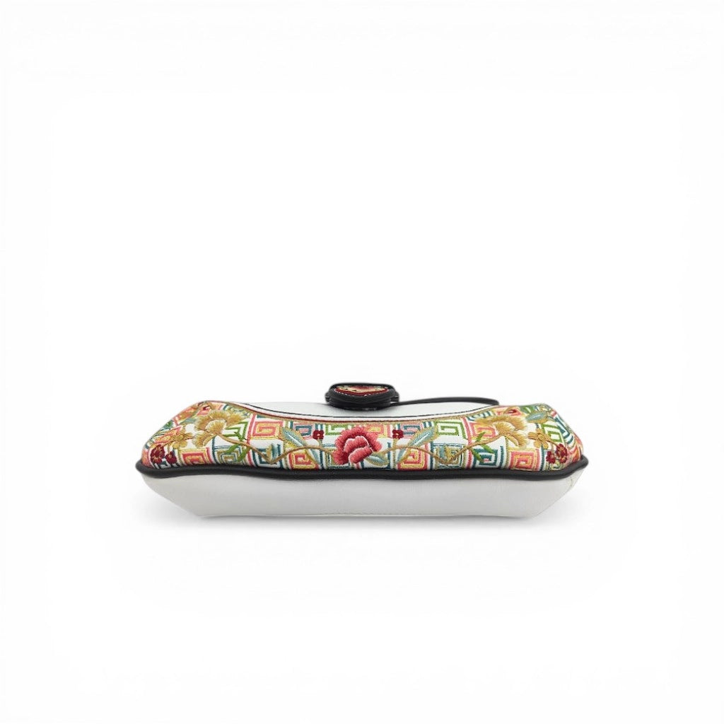 White Floral Embroidered Saddle Crossbody Bag | Chinese Key Pattern PU Leather Purse