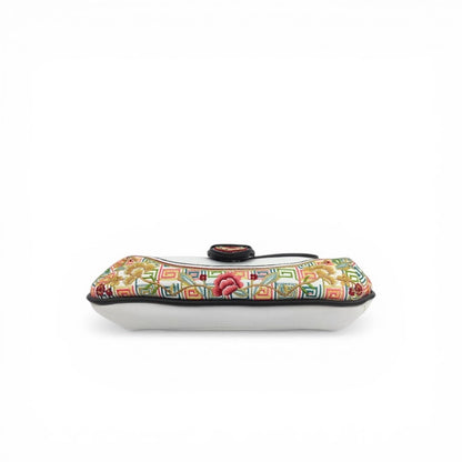 White Floral Embroidered Saddle Crossbody Bag | Chinese Key Pattern PU Leather Purse