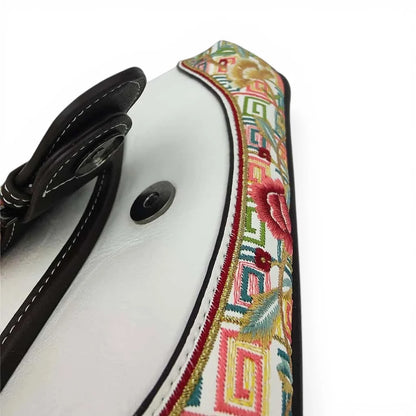 White Floral Embroidered Saddle Crossbody Bag | Chinese Key Pattern PU Leather Purse