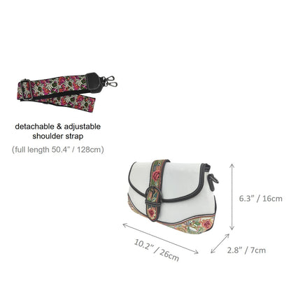 White Floral Embroidered Saddle Crossbody Bag | Chinese Key Pattern PU Leather Purse