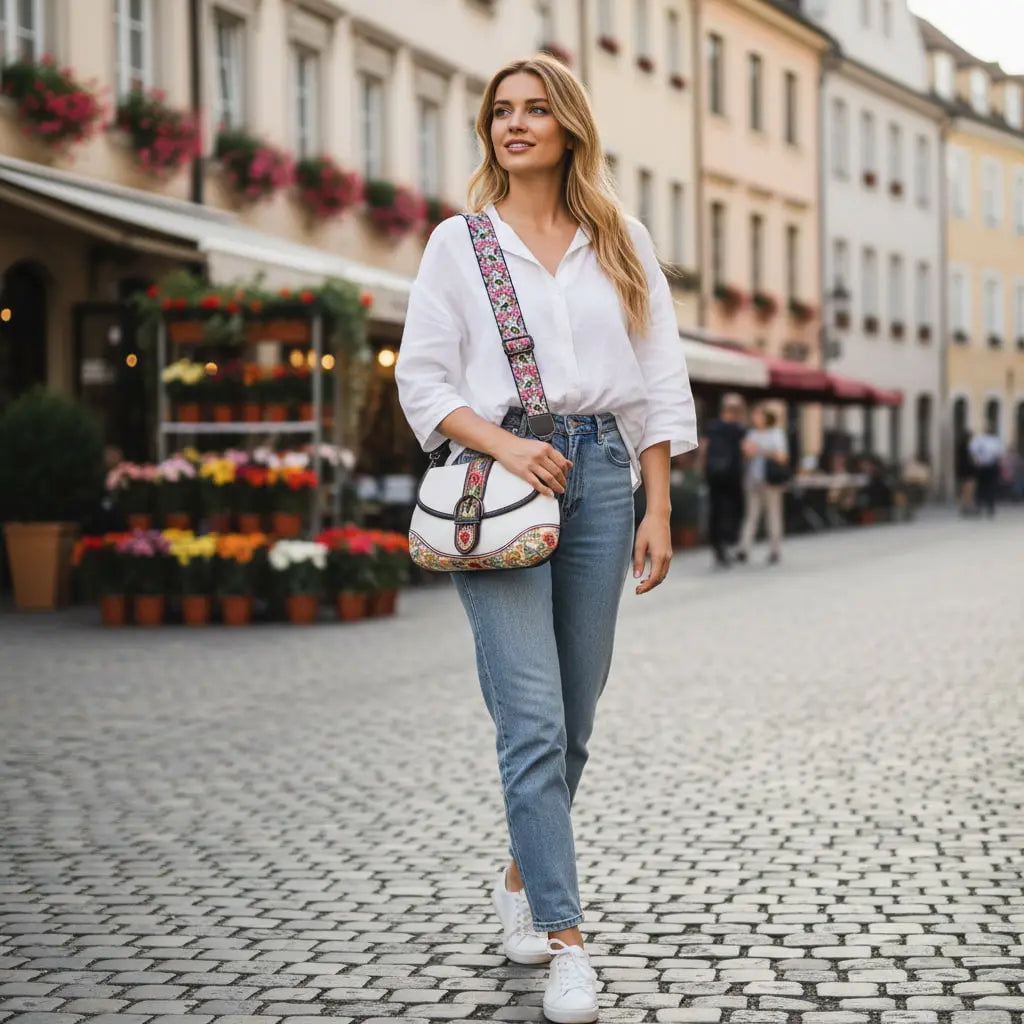 White Floral Embroidered Saddle Crossbody Bag | Chinese Key Pattern PU Leather Purse