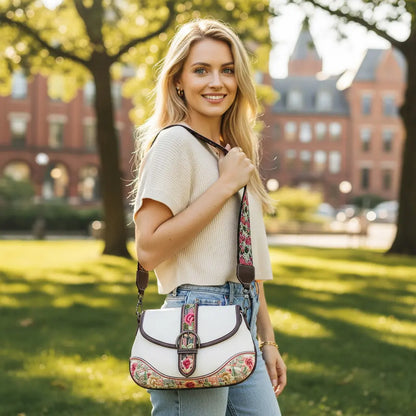 White Floral Embroidered Saddle Crossbody Bag | Chinese Key Pattern PU Leather Purse